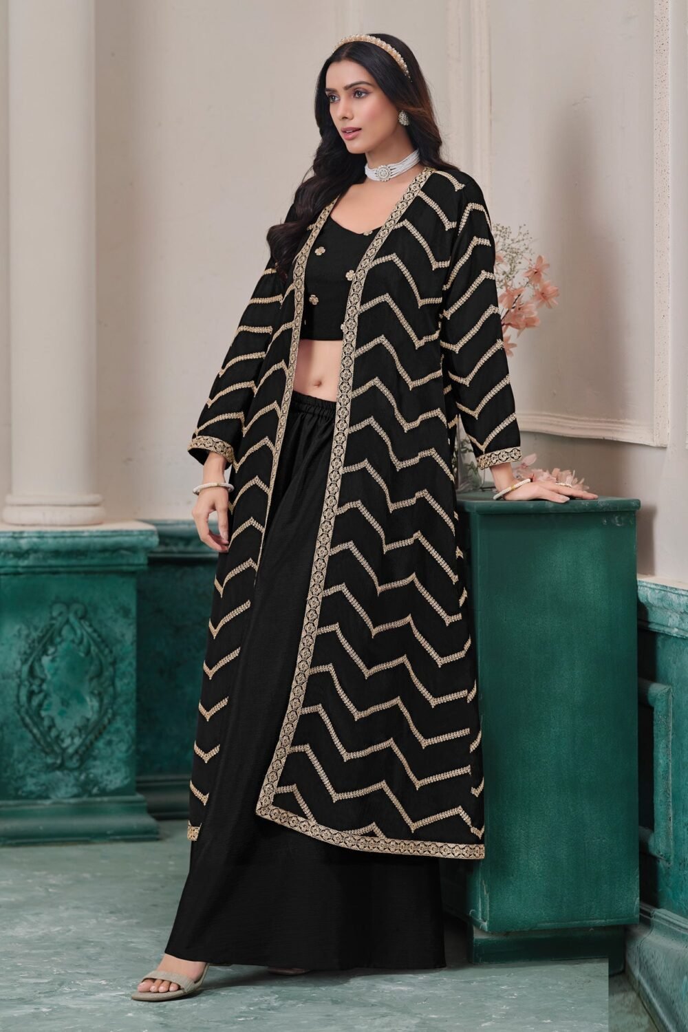 Black Chinnon Women Readymade Zari Work Crop Top Palazzo With Shrug