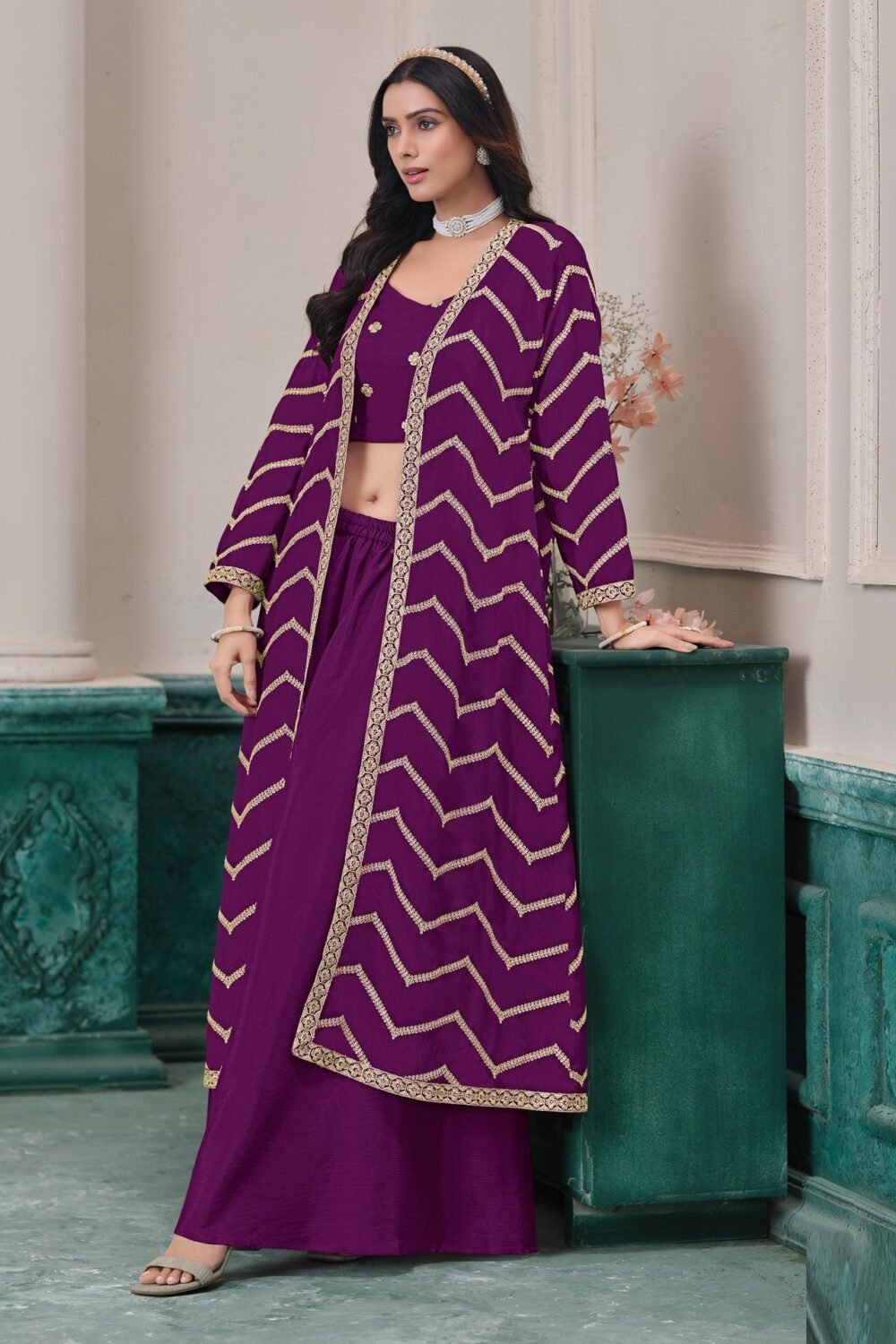 Purple Chinnon Women Readymade Zari Work Crop Top Palazzo With Shrug