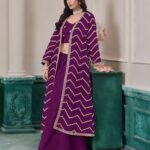 Purple Chinnon Women Readymade Zari Work Crop Top Palazzo With Shrug