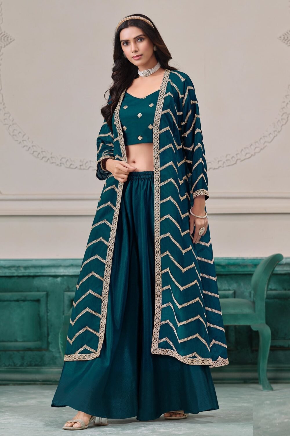 Blue Chinnon Women Readymade Zari Work Crop Top Palazzo With Shrug