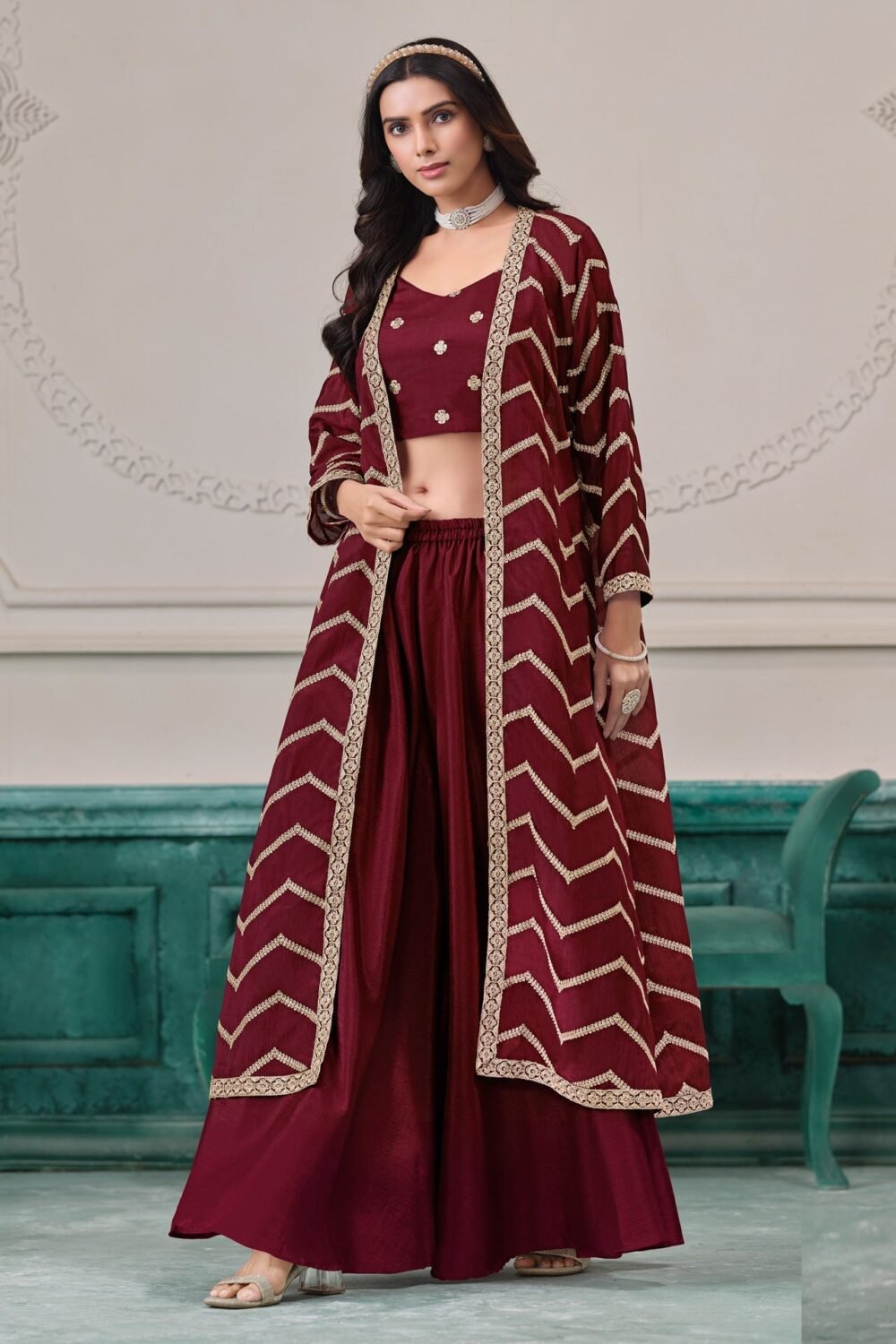 Maroon Chinnon Women Readymade Zari Work Crop Top Palazzo With Shrug