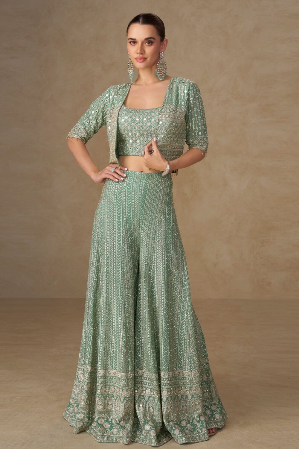 Sea Blue Georgette Women Readymade Mirror Work Crop Top Palazzo Set