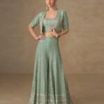 Sea Blue Georgette Women Readymade Mirror Work Crop Top Palazzo Set
