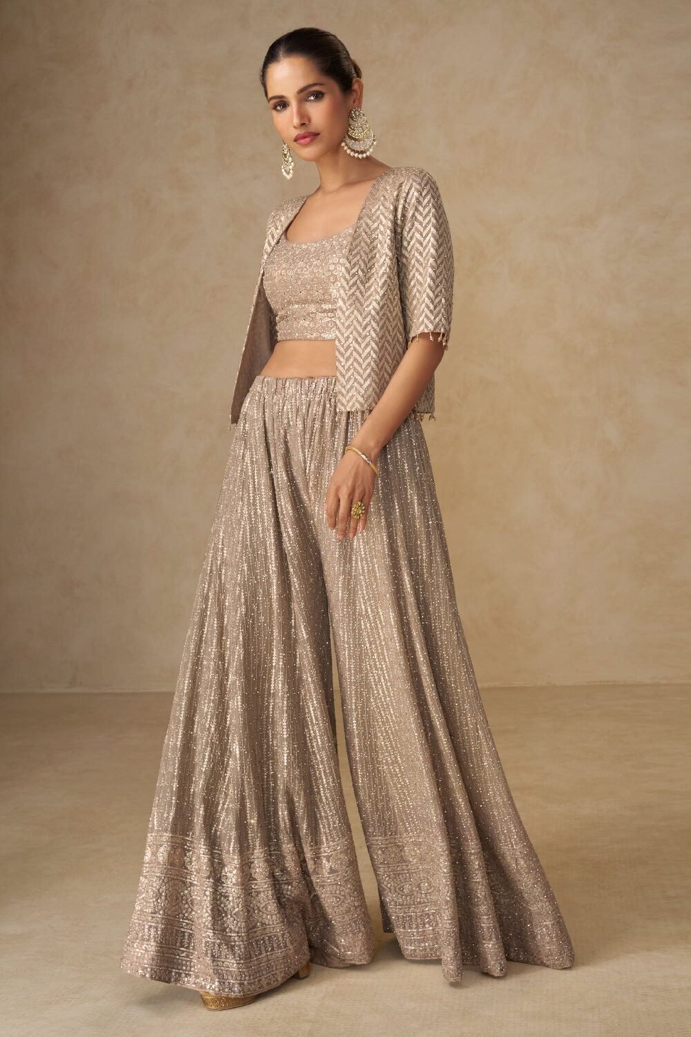 Beige Georgette Women Readymade Mirror Work Crop Top Palazzo Set