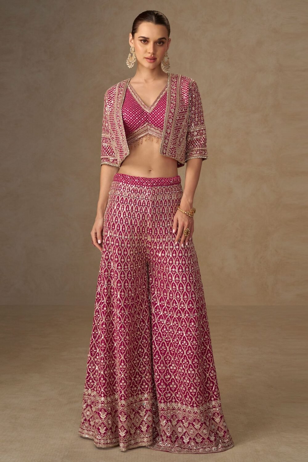 Pink Georgette Women Readymade Mirror Work Crop Top Palazzo Set