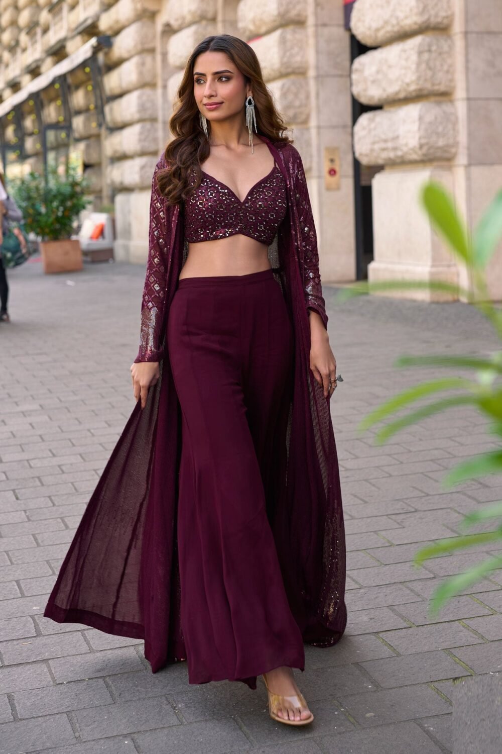 Wine Georgette Women Readymade Sequins Work Crop Top Palazzo Set With Jacket