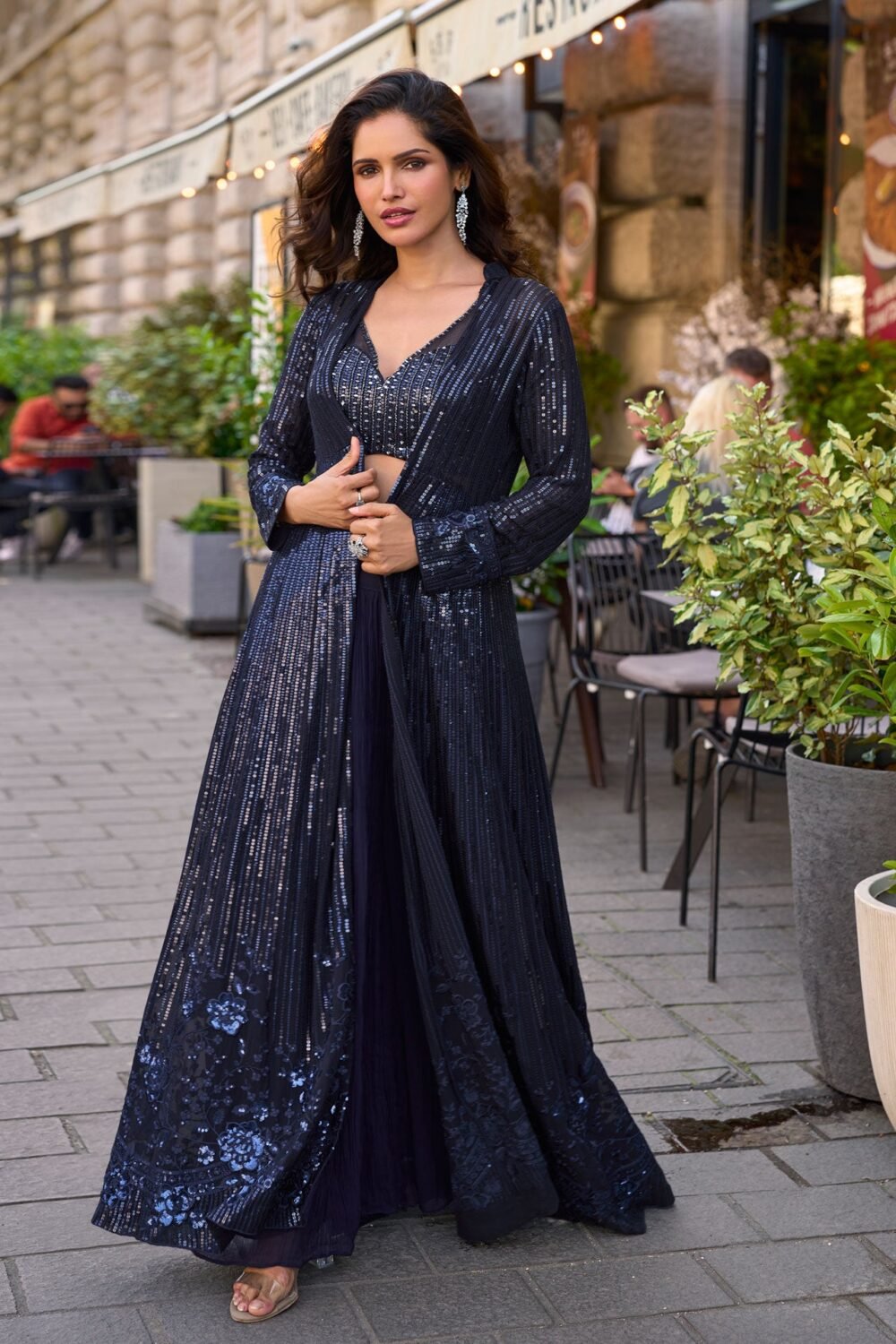 Blue Georgette Women Readymade Sequins Work Crop Top Palazzo Set With Jacket