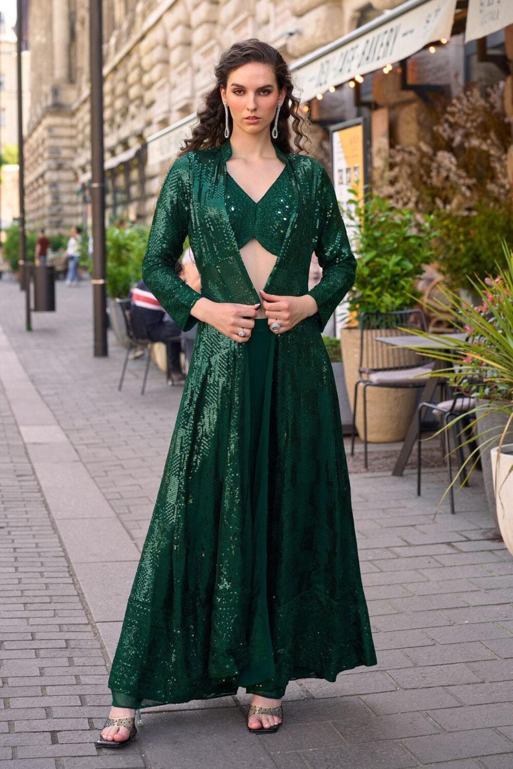 Green Georgette Women Readymade Sequins Work Crop Top Palazzo Set With Jacket