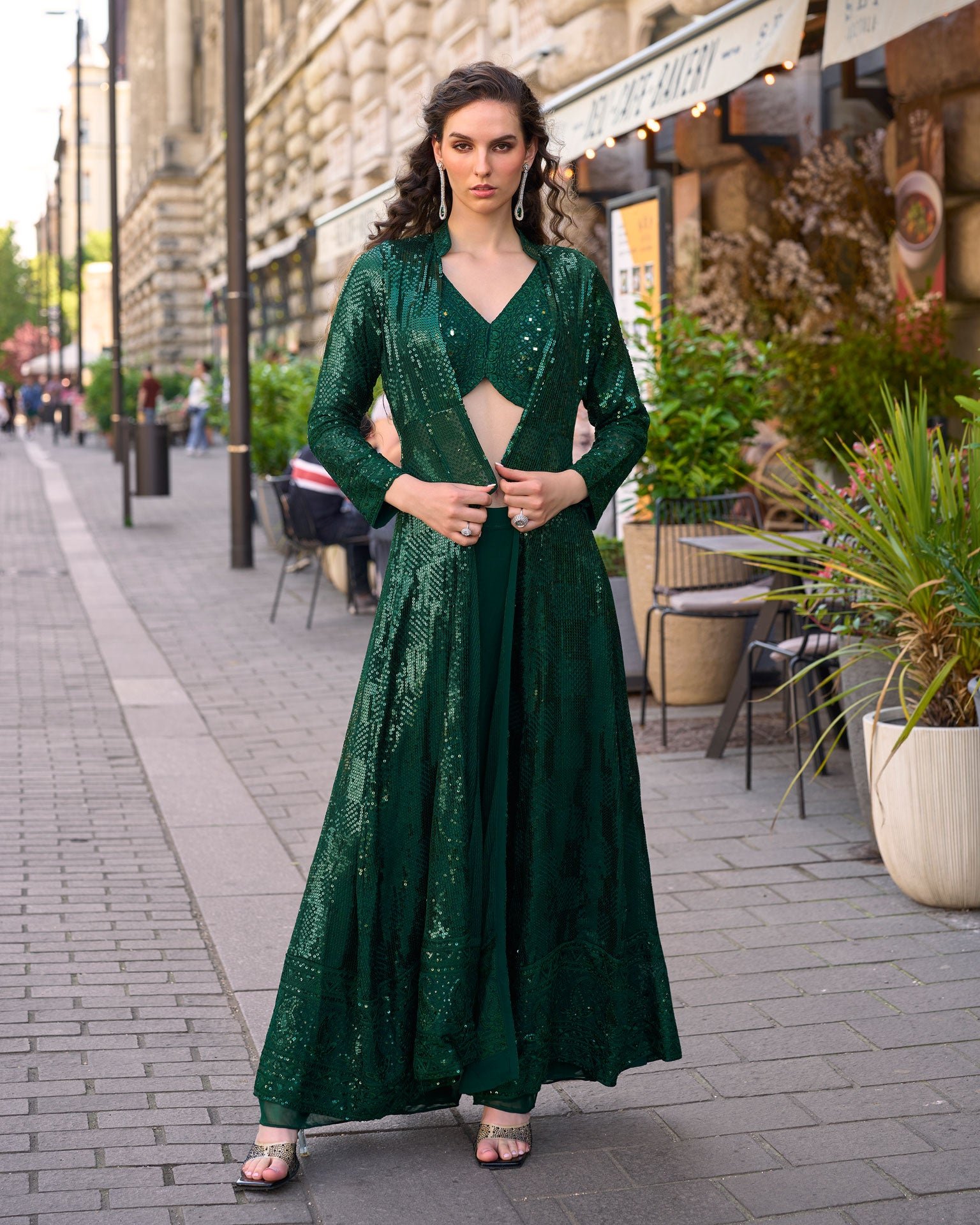 Green Georgette Women Readymade Sequins Work Crop Top Palazzo Set With Jacket