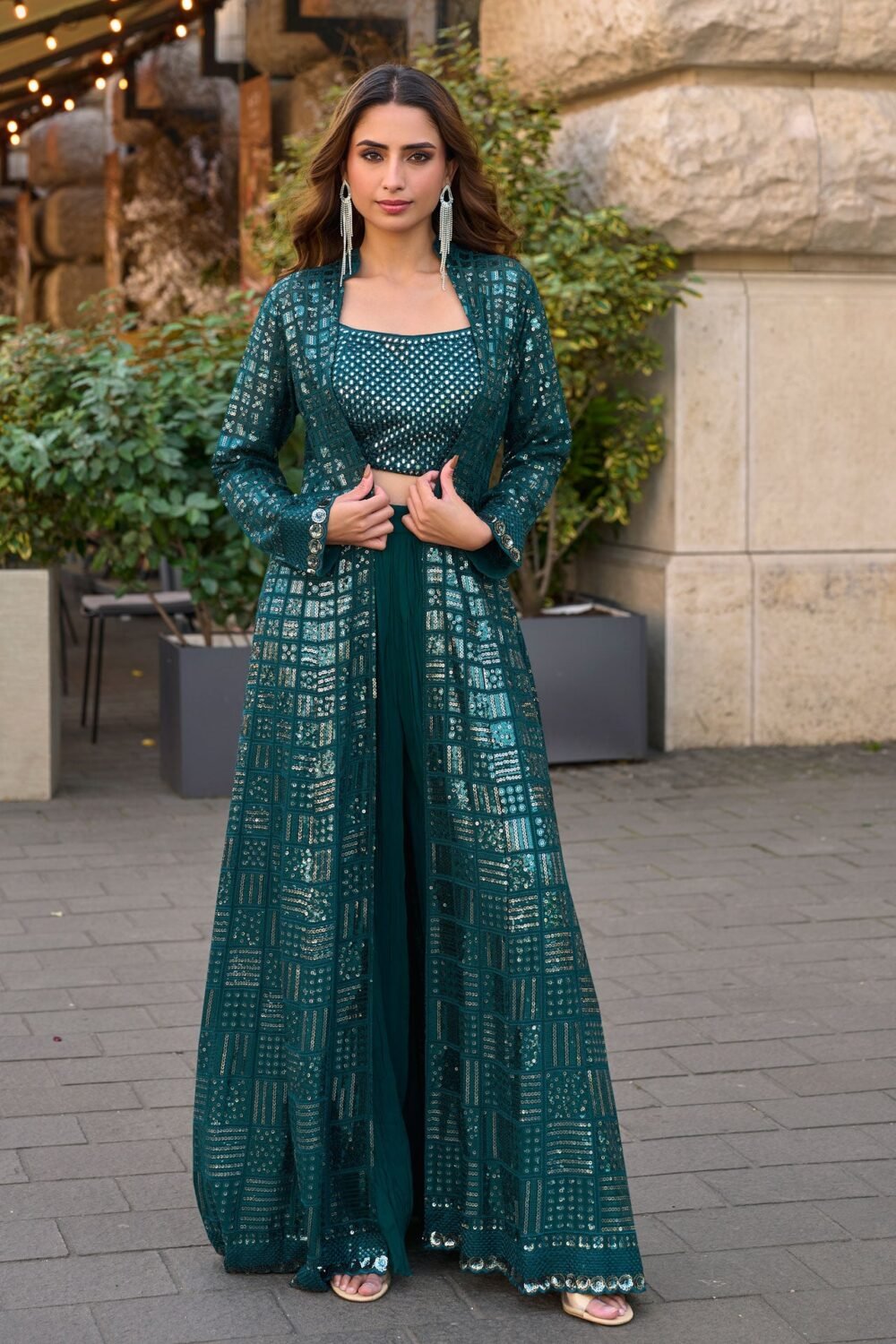 Blue Georgette Women Readymade Sequins Work Crop Top Palazzo Set With Jacket