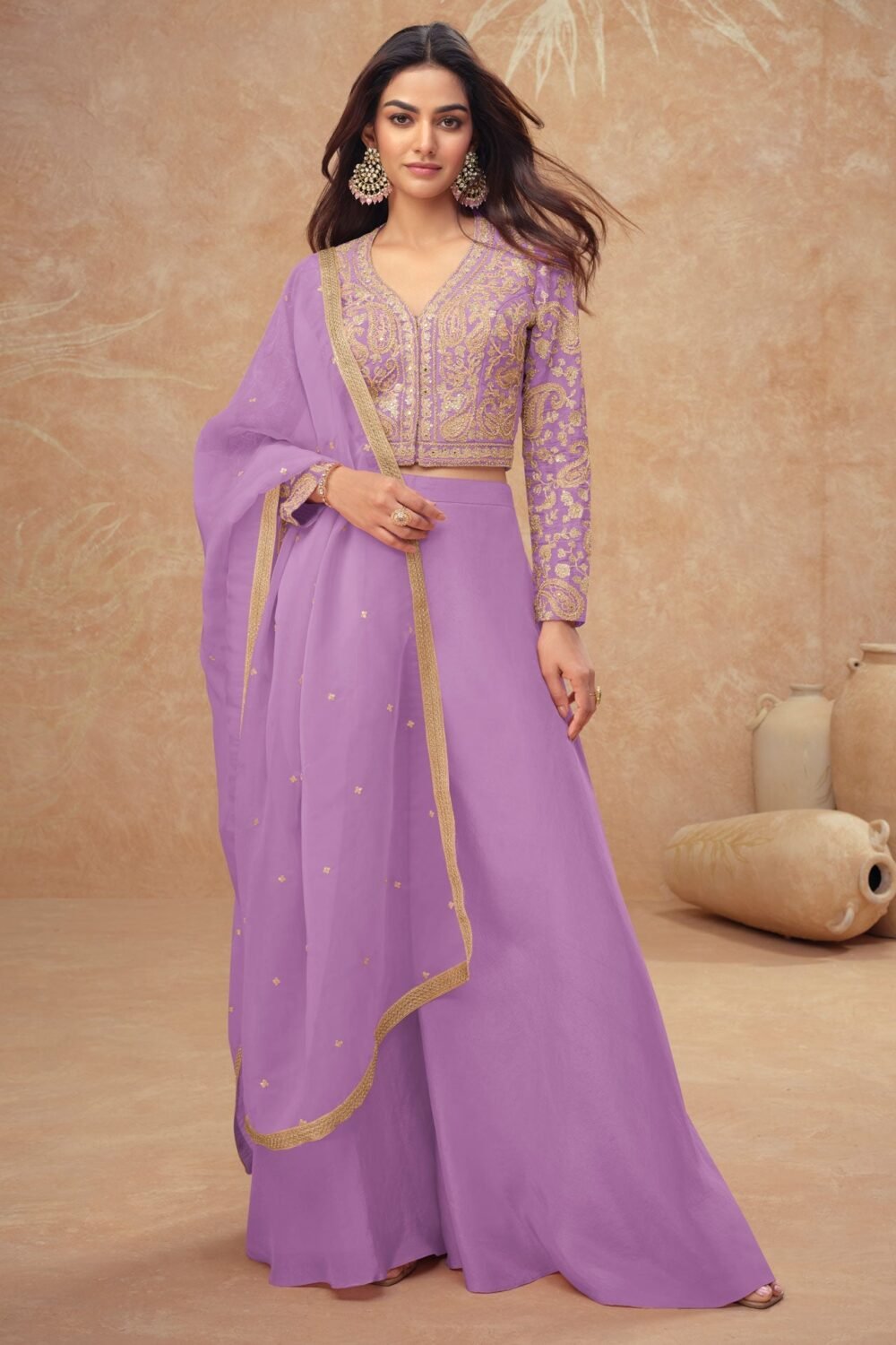 Light Purple Readymade Simar Silk Crop Top Palazzo Suit With Silk Dupatta