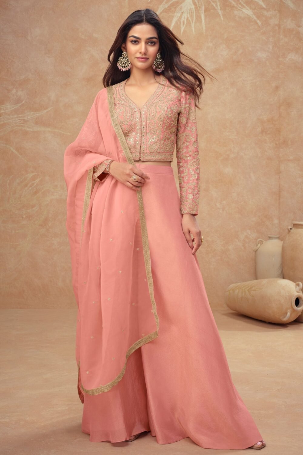 Light Pink Readymade Simar Silk Crop Top Palazzo Suit With Silk Dupatta