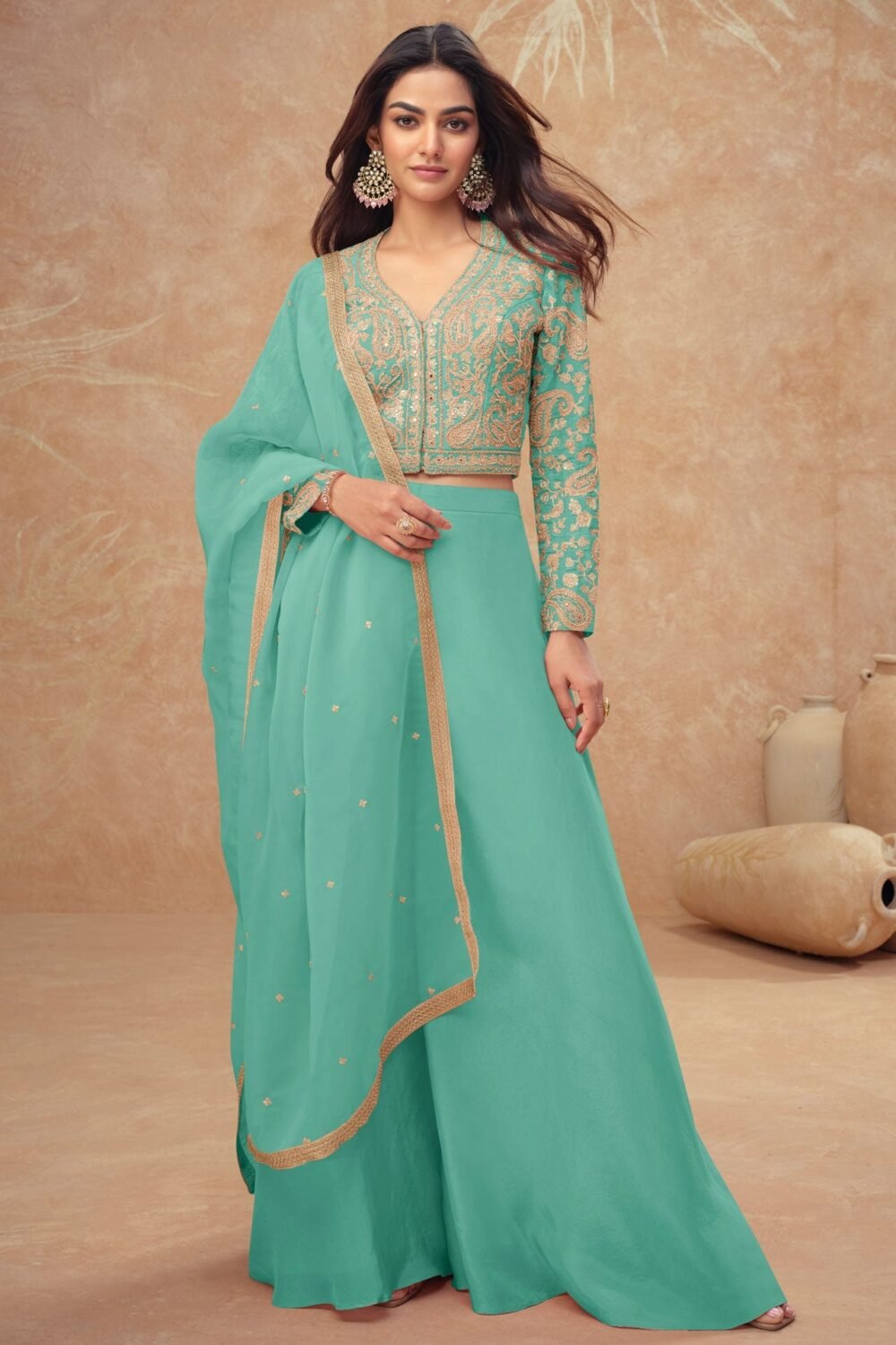 Sea Green Readymade Simar Silk Crop Top Palazzo Suit With Silk Dupatta