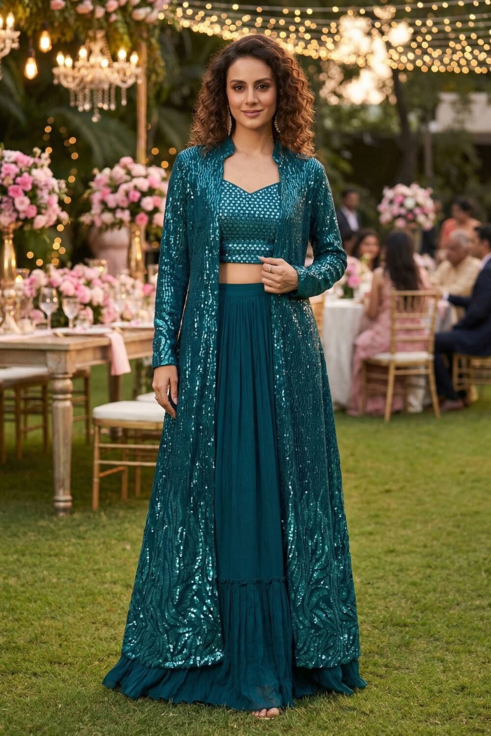 Blue Georgette Women Readymade Sequins Work Crop Top Palazzo Set With Jacket