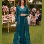 Blue Georgette Women Readymade Sequins Work Crop Top Palazzo Set With Jacket