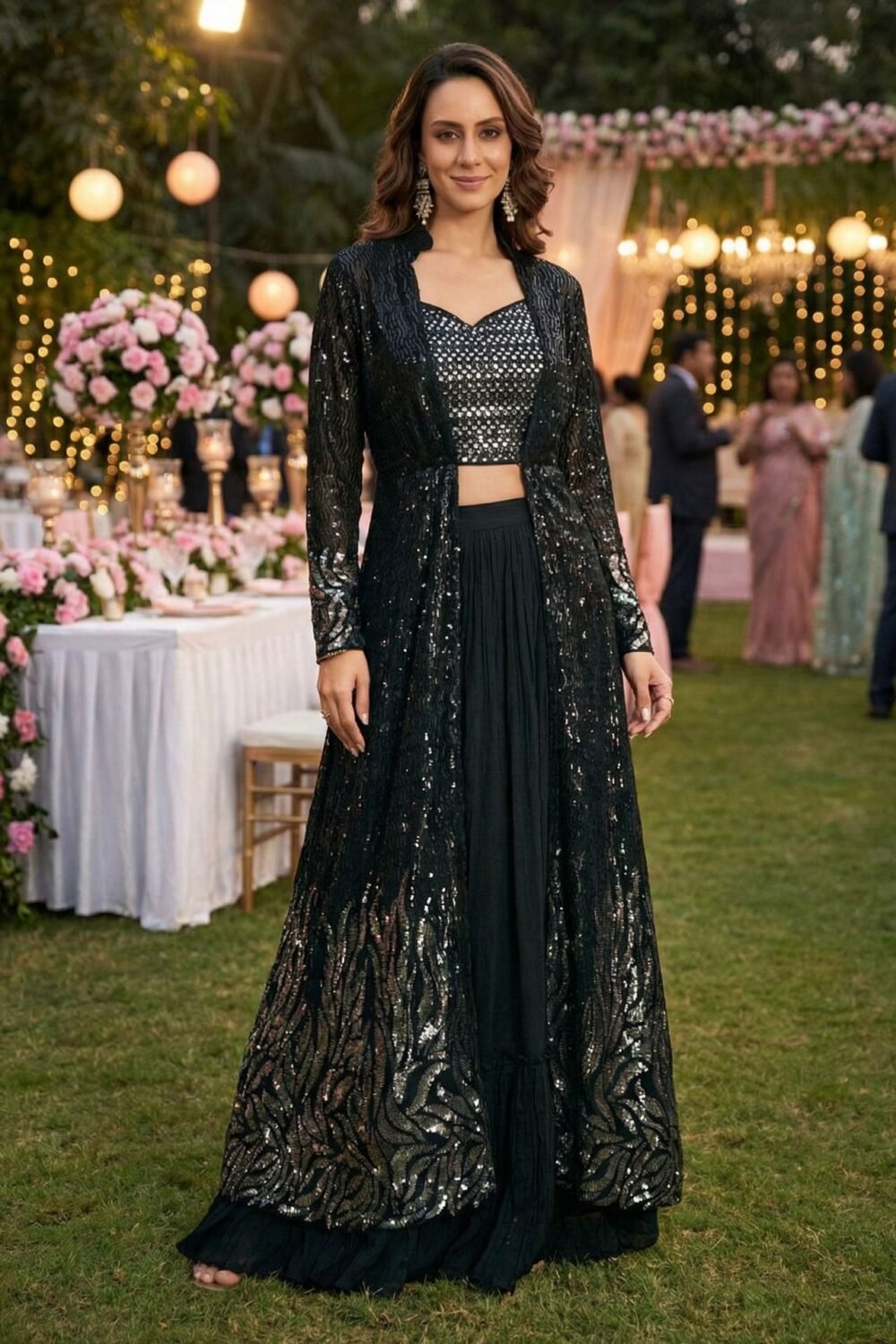 Black Georgette Women Readymade Sequins Work Crop Top Palazzo Set With Jacket