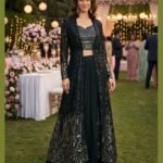 Black Georgette Women Readymade Sequins Work Crop Top Palazzo Set With Jacket