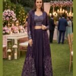Purple Georgette Women Readymade Sequins Work Crop Top Palazzo Set With Jacket