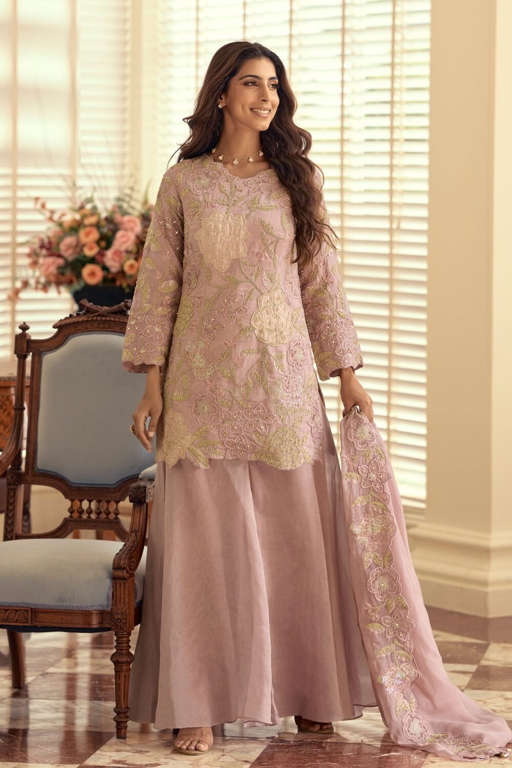 Pink Simar Silk Hand Work Readymade Short Kurta For Woman With Palazzo Pant