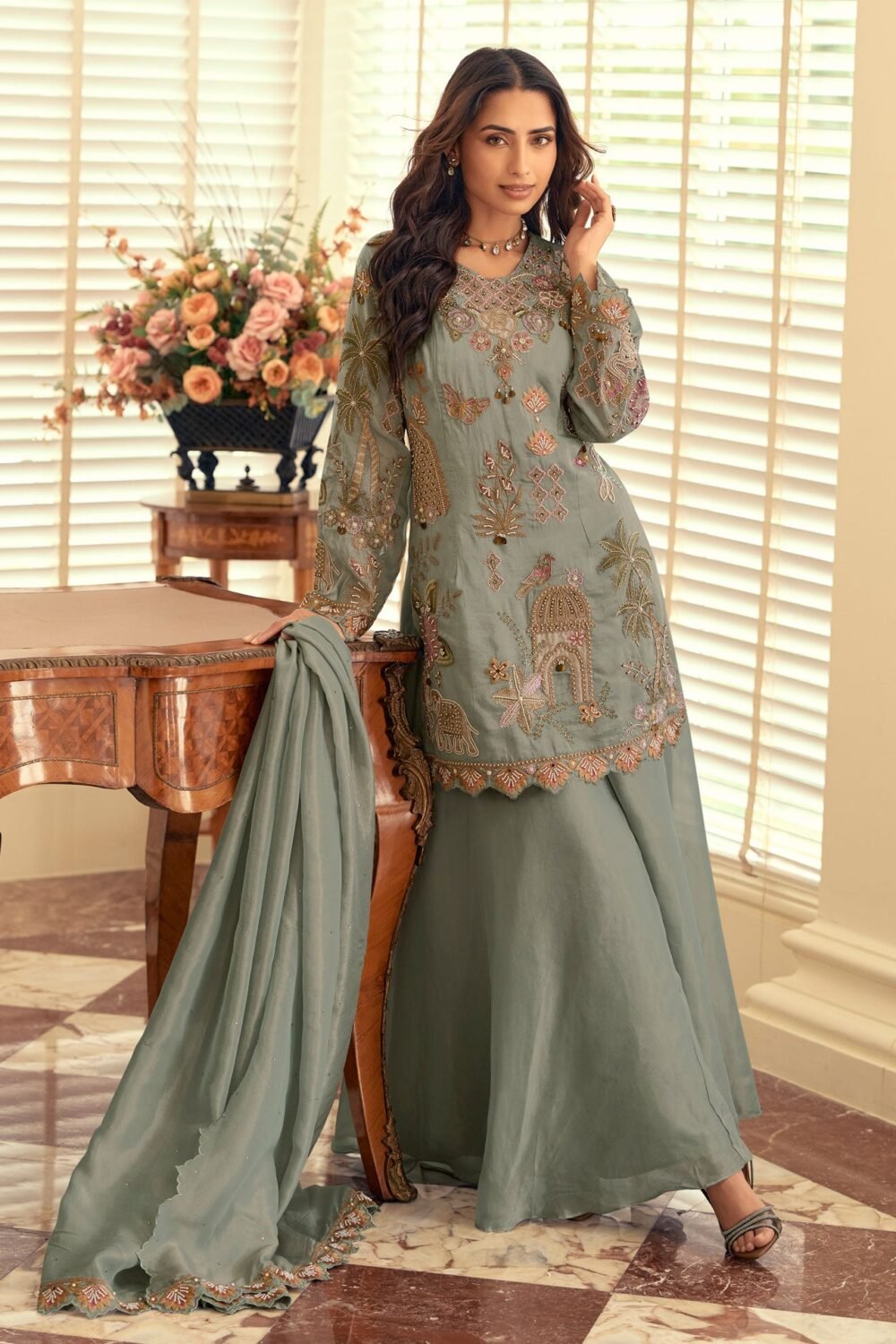 Grey Simar Silk Hand Work Readymade Short Kurta For Woman With Palazzo Pant