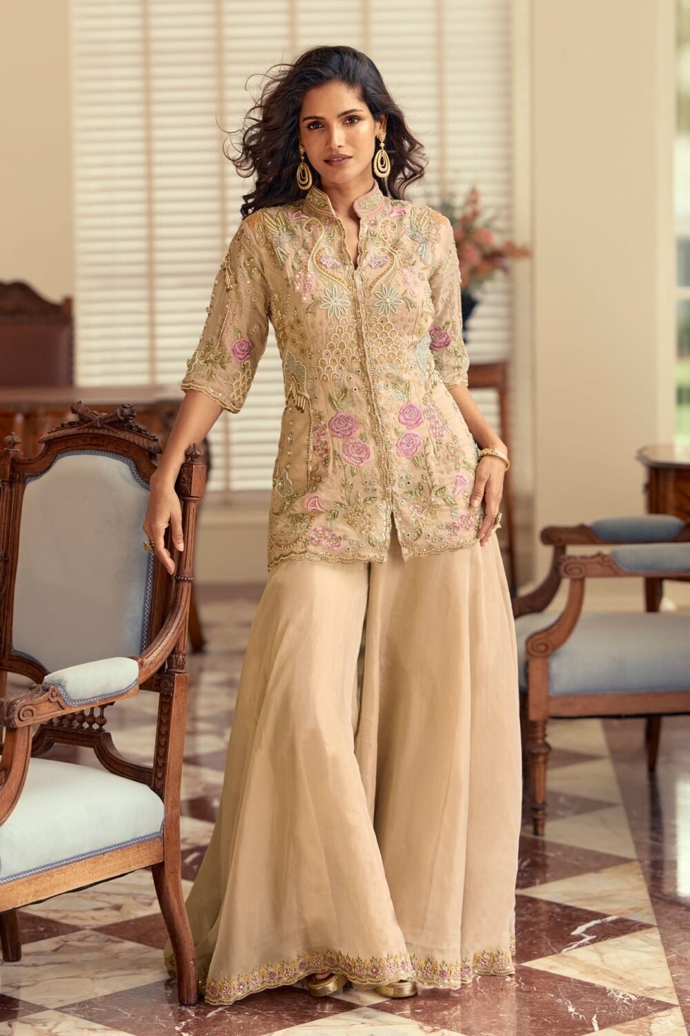 Beige Simar Silk Hand Work Readymade Short Kurta For Woman With Palazzo Pant