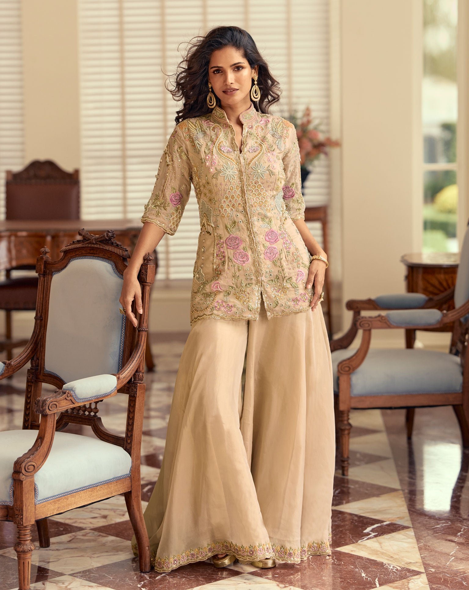 Beige Simar Silk Hand Work Readymade Short Kurta For Woman With Palazzo Pant