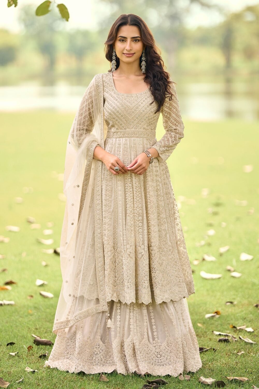 Beige Net Readymade Anarkali Suit With Palazzo For Women