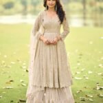 Beige Net Readymade Anarkali Suit With Palazzo For Women