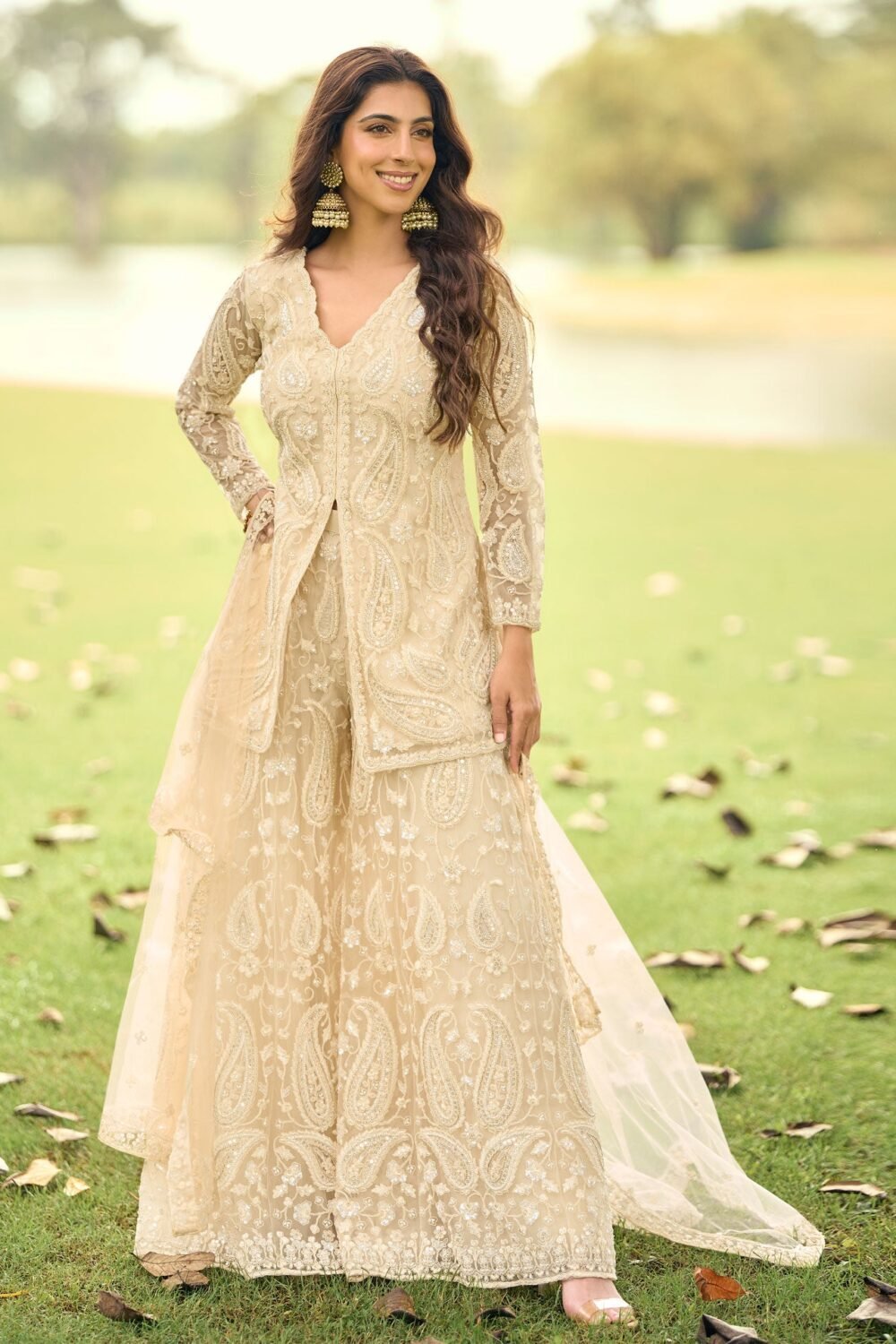 Beige Net Readymade Short Kurta With Palazzo For Women