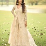 Beige Net Readymade Short Kurta With Palazzo For Women