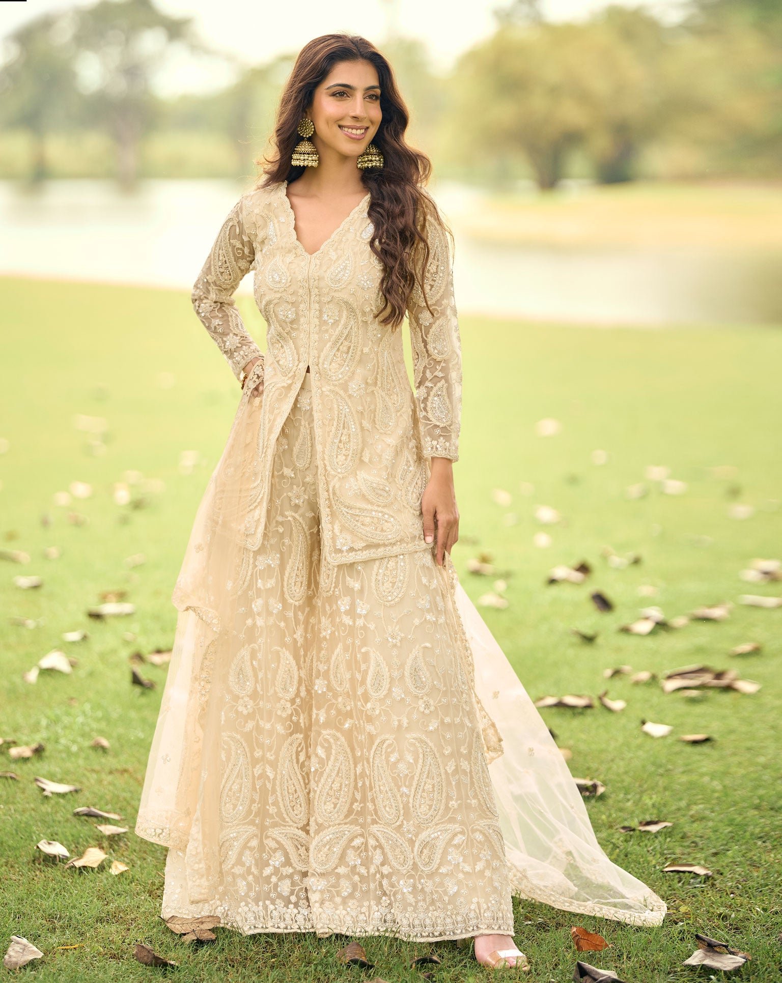 Beige Net Readymade Short Kurta With Palazzo For Women