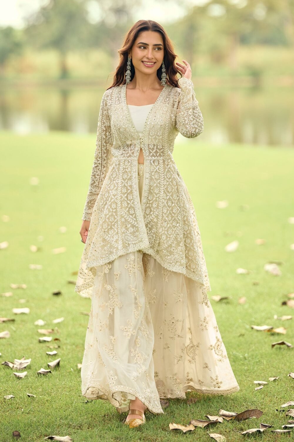 Off White Net Readymade Palazzo Suit With Jacket For Women