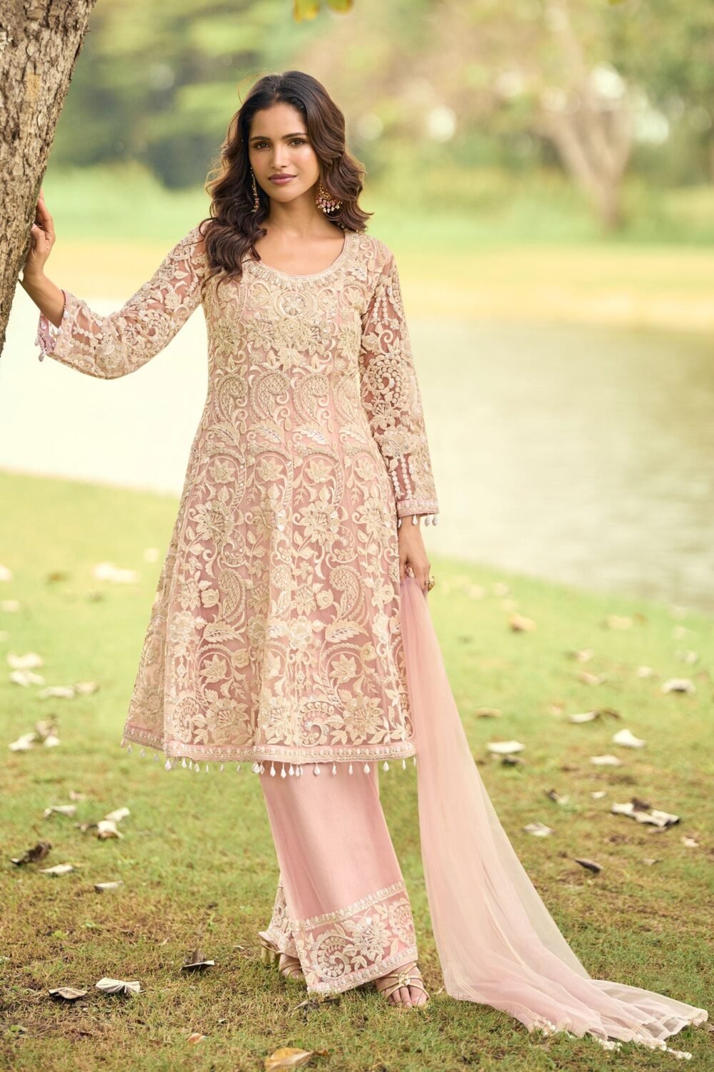 Pink Net Readymade Anarkali Suit With Palazzo For Women