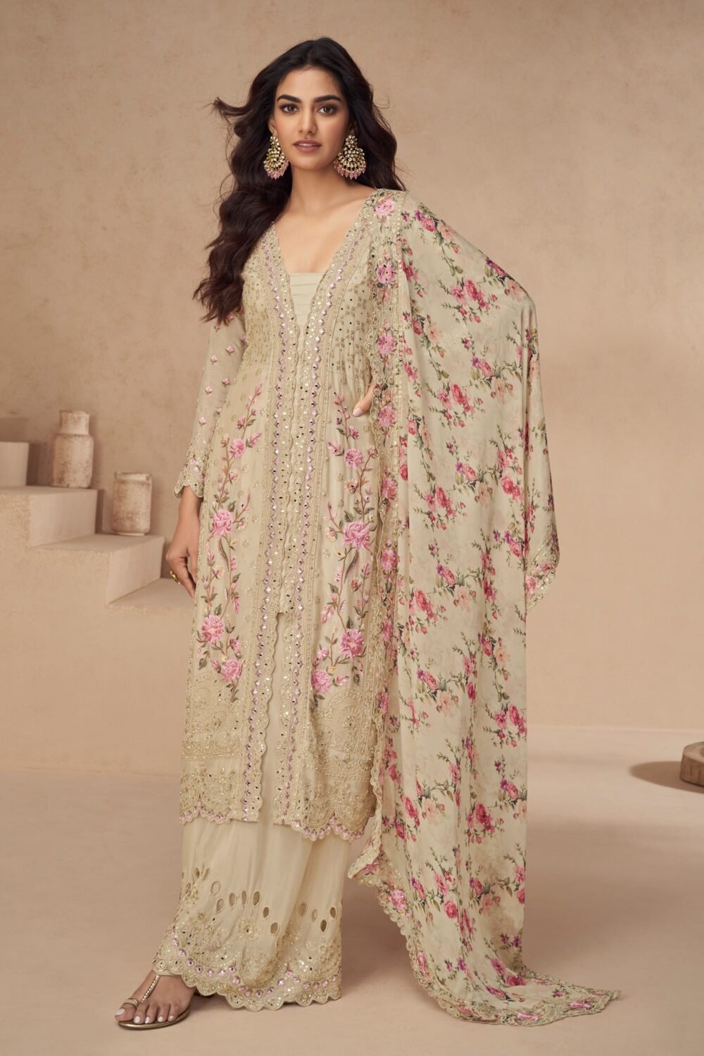 Beige Chinnon Silk Thread Mirror Work Women Readymade Palazzo Suit