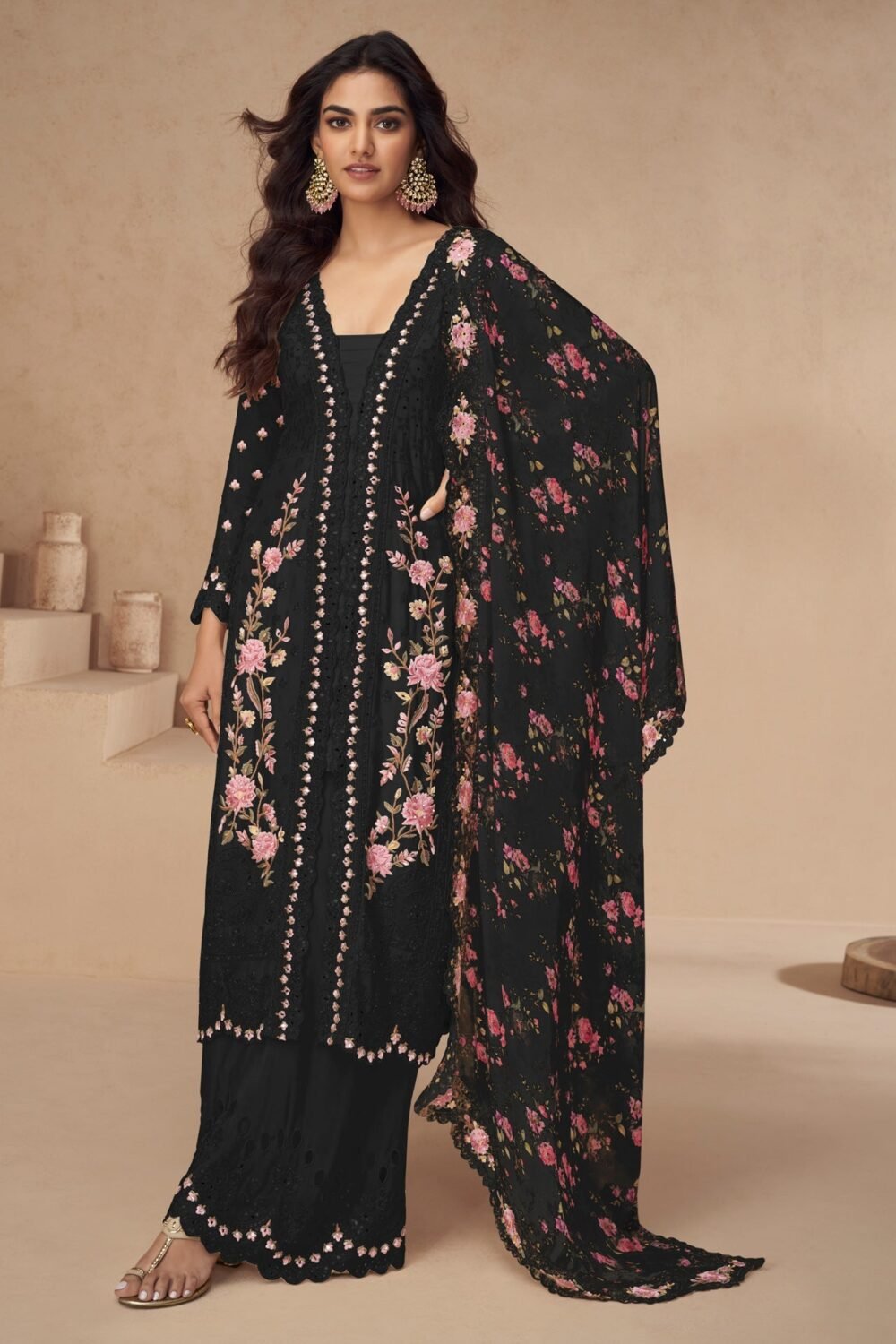 Black Chinnon Silk Thread Mirror Work Women Readymade Palazzo Suit