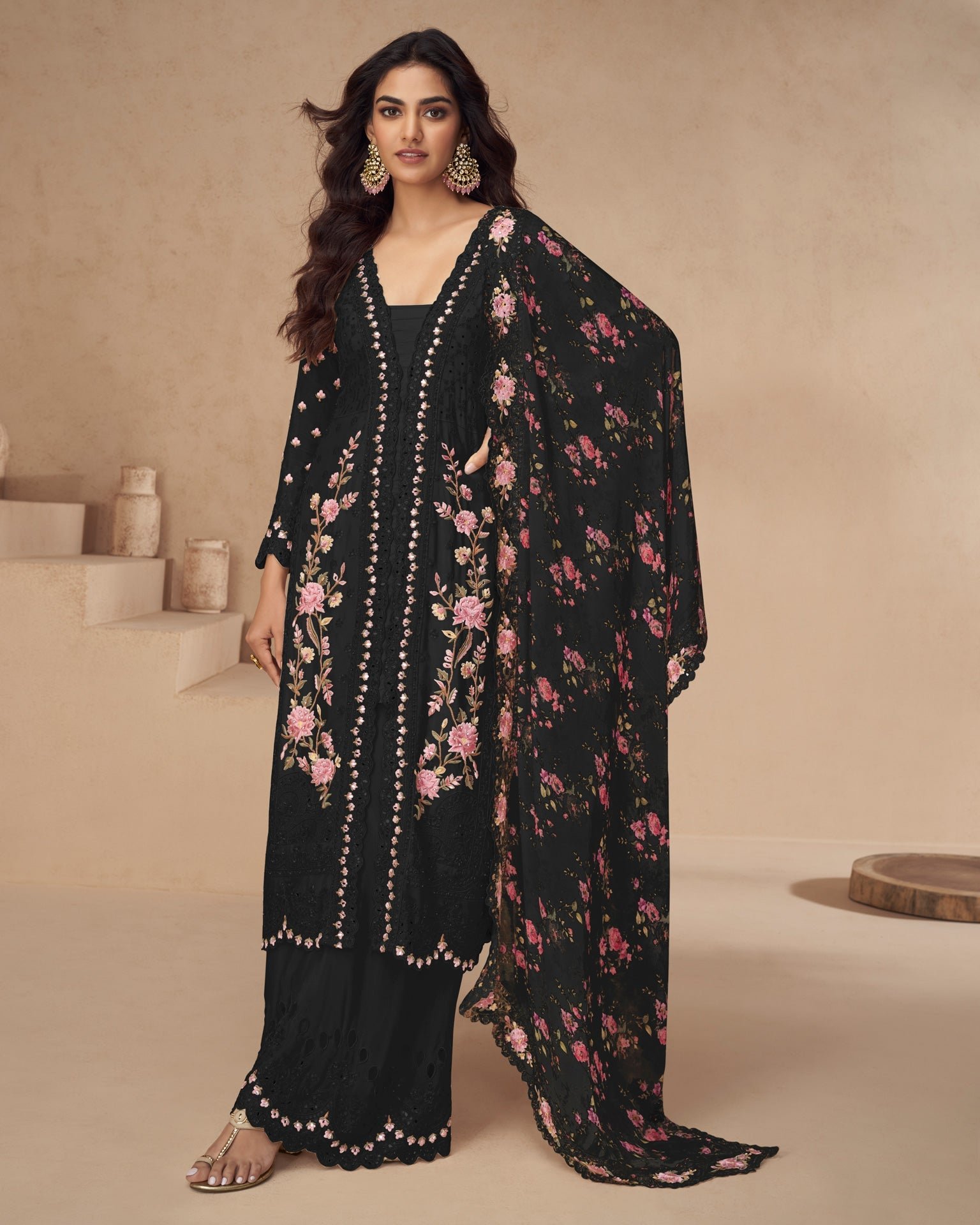Black Chinnon Silk Thread Mirror Work Women Readymade Palazzo Suit