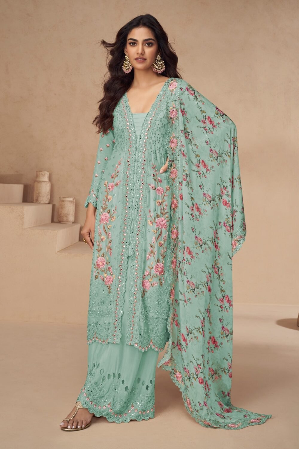 Sea Green Chinnon Silk Thread Mirror Work Women Readymade Palazzo Suit