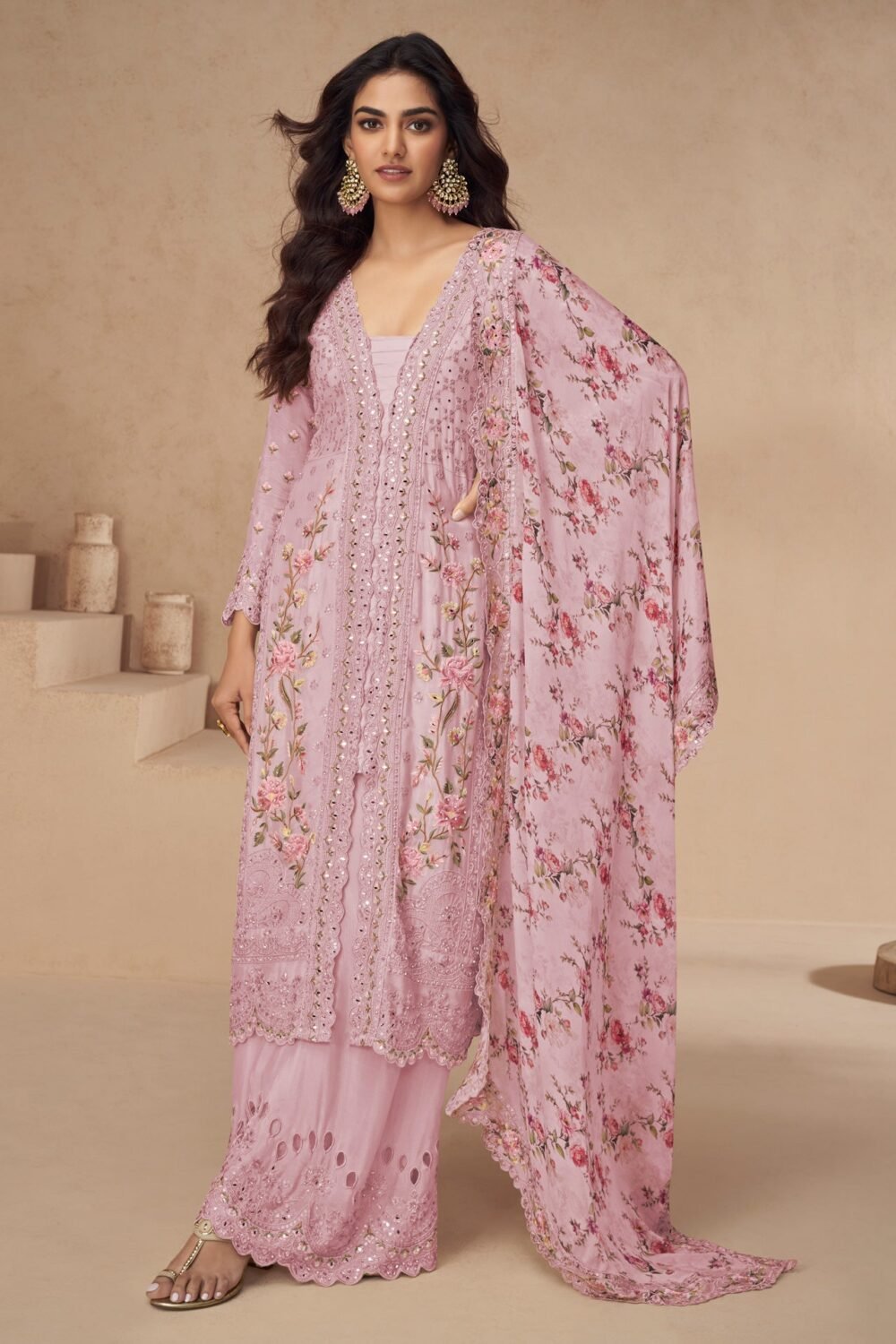 Pink Chinnon Silk Thread Mirror Work Women Readymade Palazzo Suit