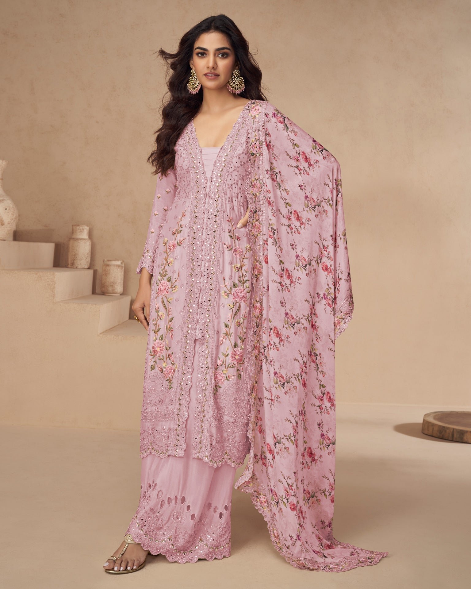 Pink Chinnon Silk Thread Mirror Work Women Readymade Palazzo Suit