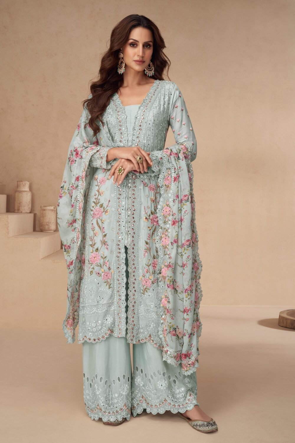 Sky Blue Chinnon Silk Thread Mirror Work Women Readymade Palazzo Suit