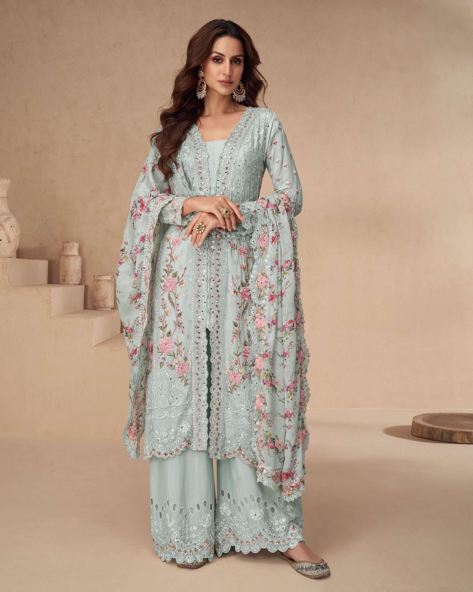 Sky Blue Chinnon Silk Thread Mirror Work Women Readymade Palazzo Suit