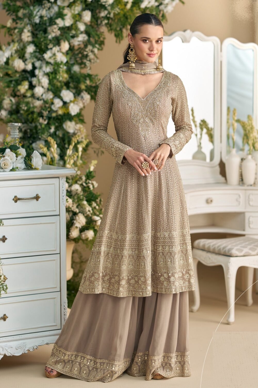 Golden Georgette Zari & Mirror Work Women Readymade Frock Suit With Palazzo