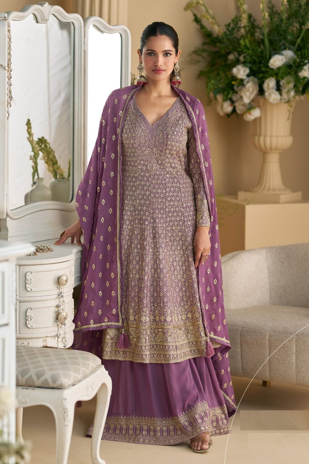 Purple Georgette Zari & Mirror Work Women Readymade Frock Suit With Palazzo