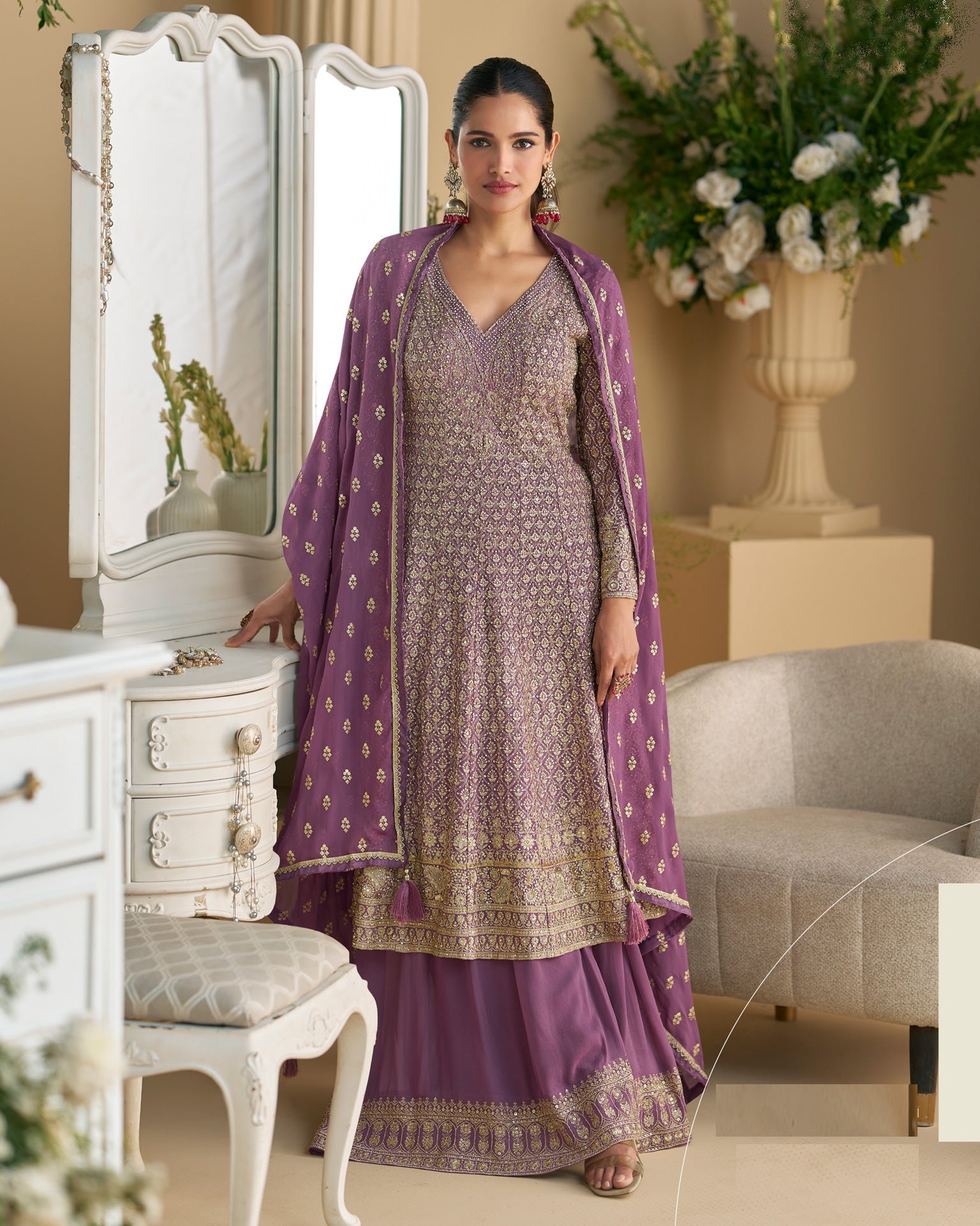 Purple Georgette Zari & Mirror Work Women Readymade Frock Suit With Palazzo