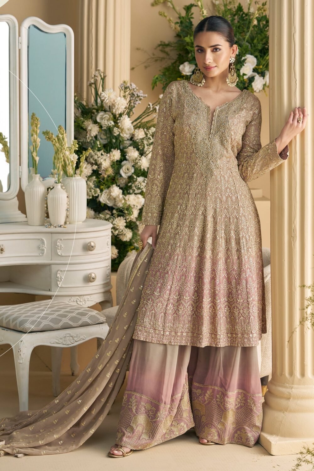 Golden Pink Georgette Zari & Mirror Work Women Readymade Frock Suit With Palazzo