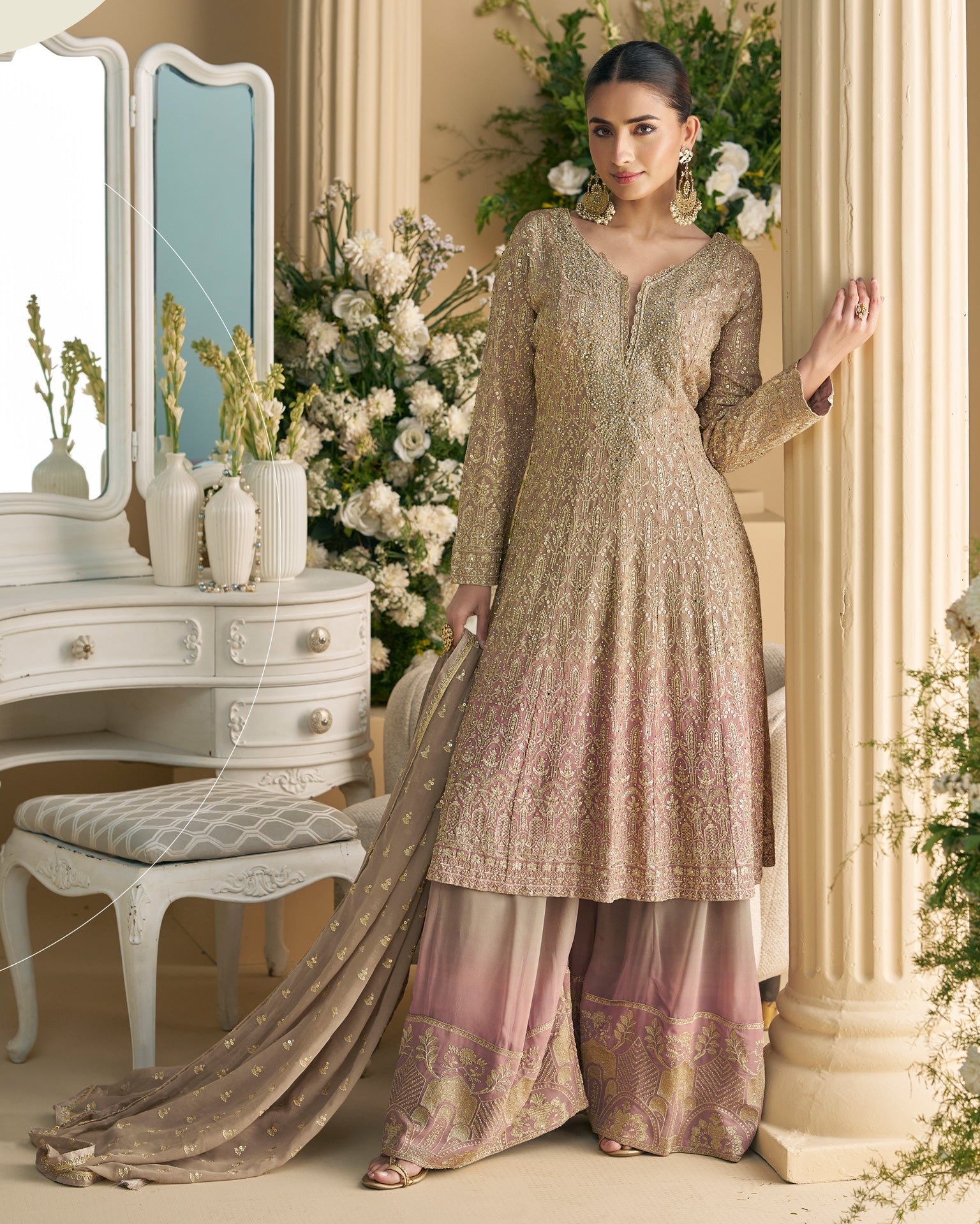 Golden Pink Georgette Zari & Mirror Work Women Readymade Frock Suit With Palazzo