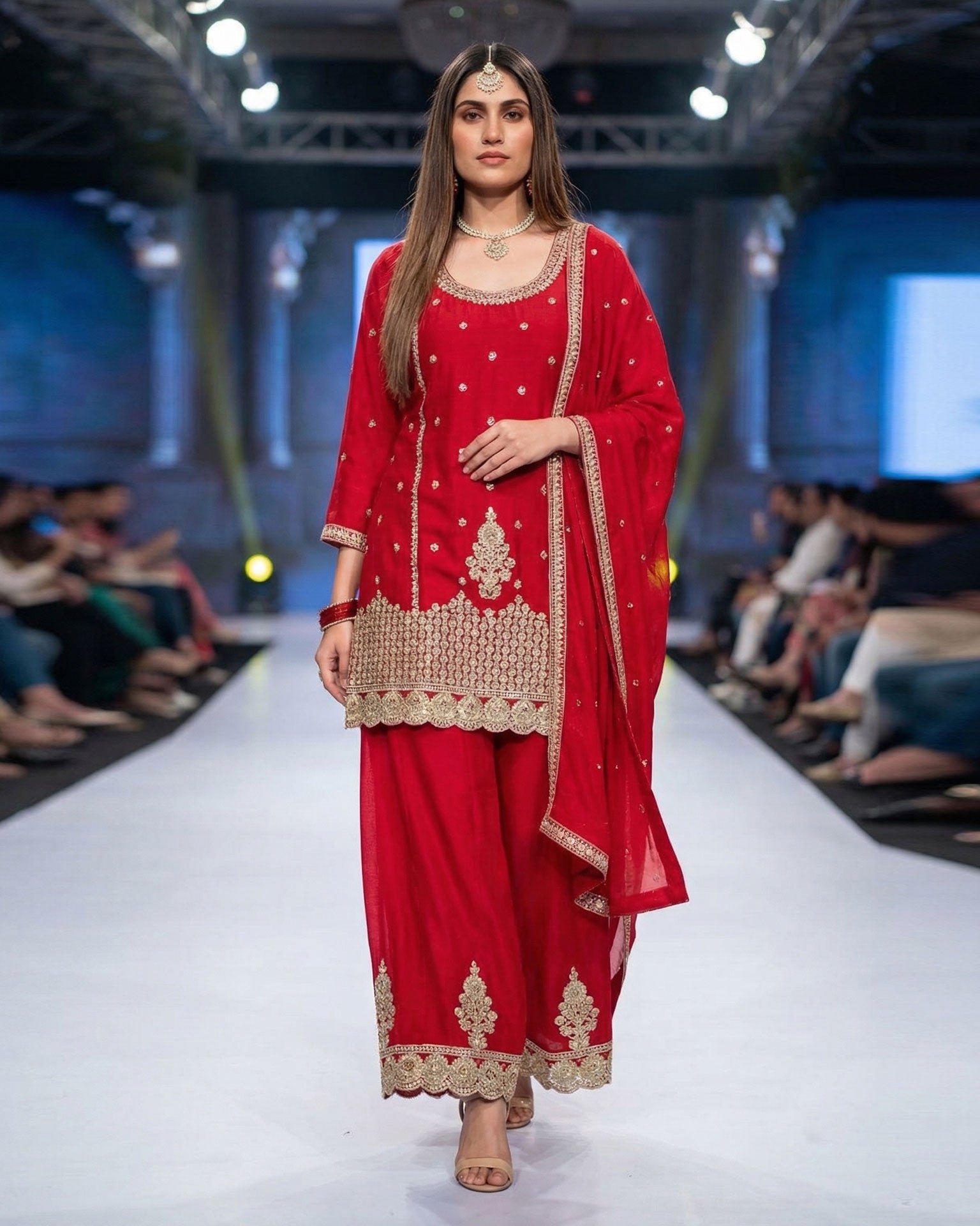 Red Chinnon Silk Mirror Work Readymade Woman Palazzo Suit