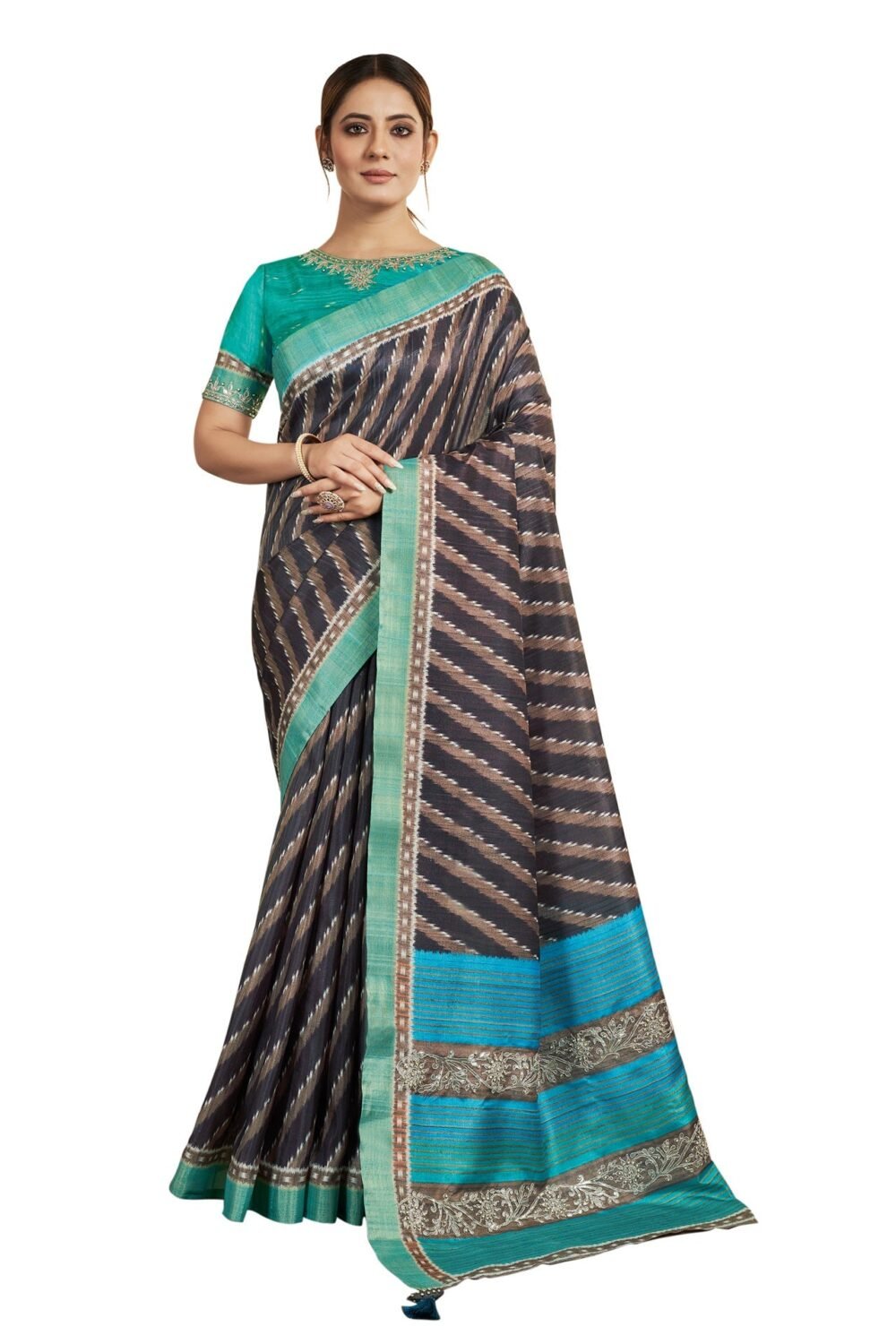 Navy Blue Bhagalpuri Silk Printed Saree With Sky Blue Embroidered Blouse