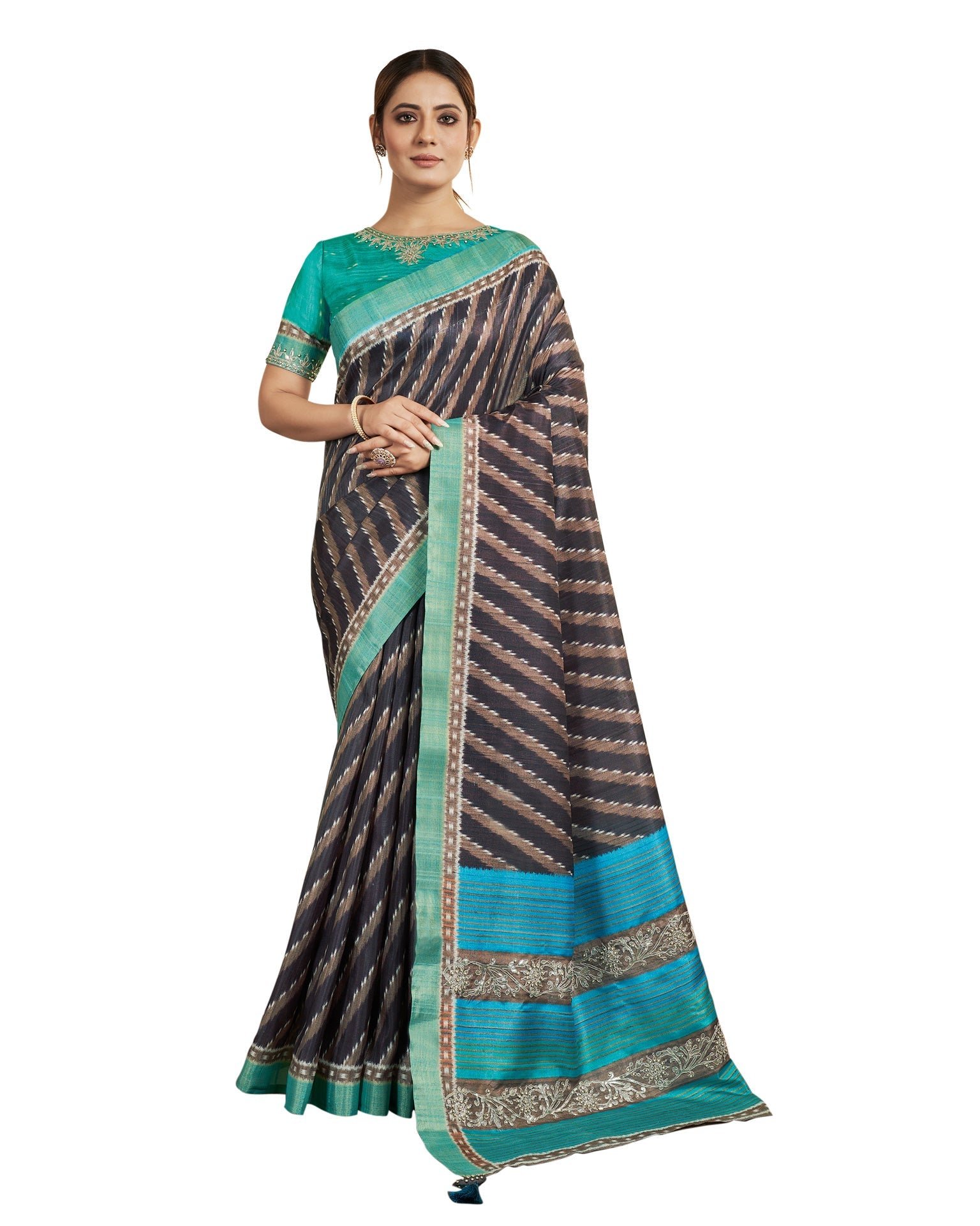 Navy Blue Bhagalpuri Silk Printed Saree With Sky Blue Embroidered Blouse