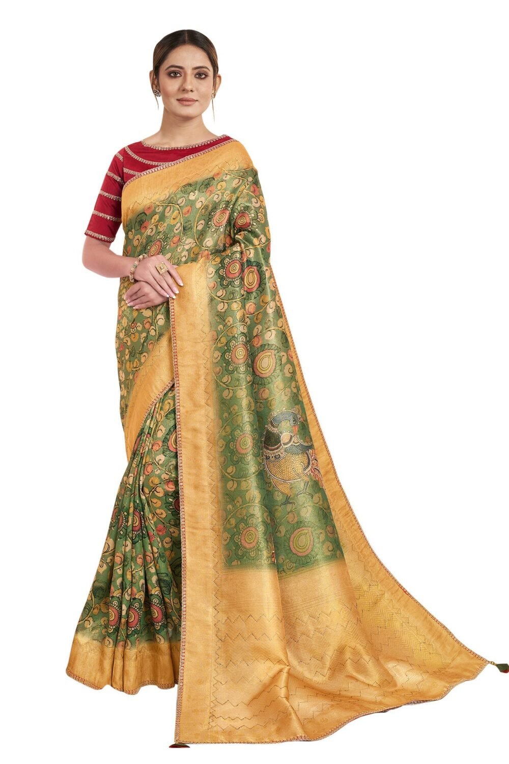 Green Tissue Jacquard Floral Print Saree With Red Embroidered Blouse